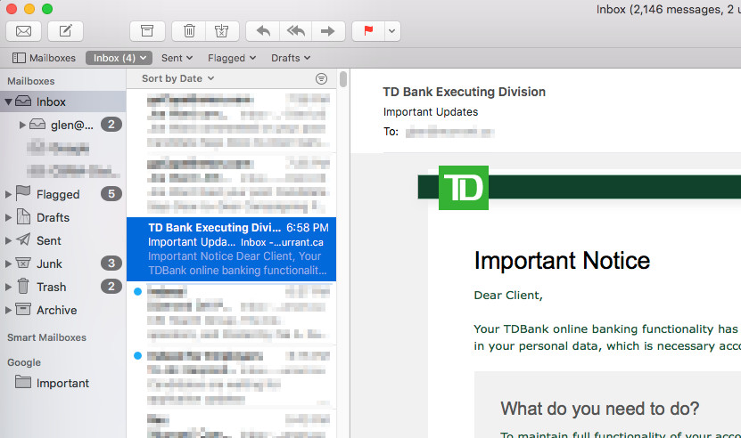 Screen shot of email inbox with fake message from the bank