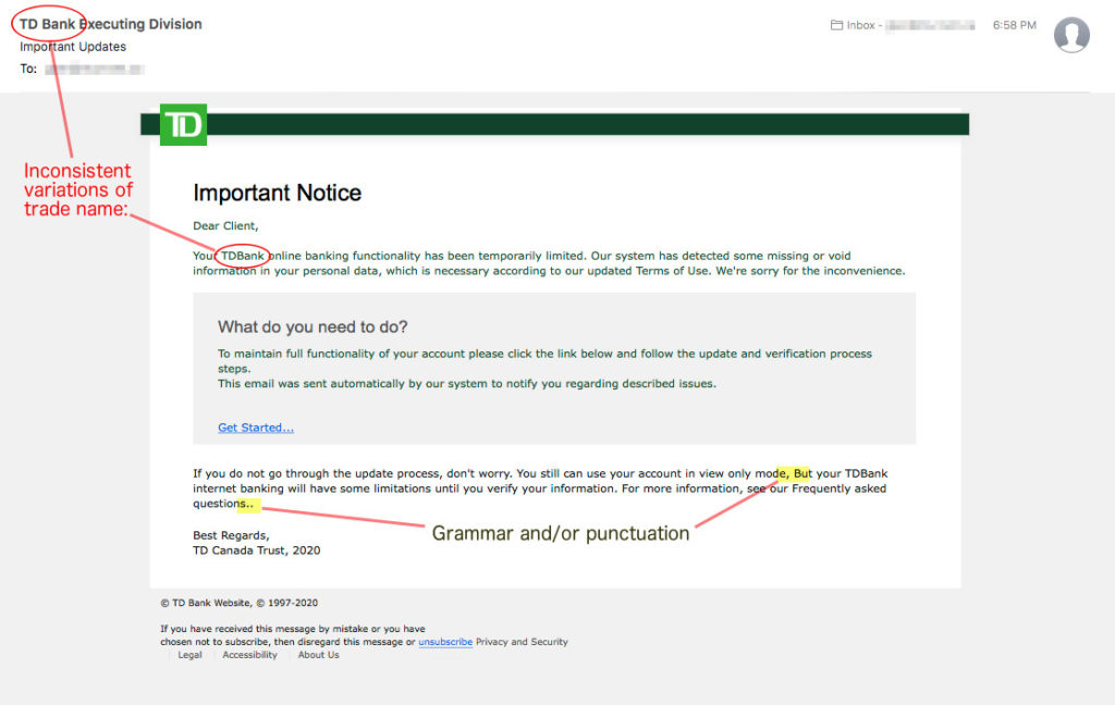 Sample email showing common mistakes made by scammers