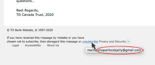 Example of an email with a pishing link disguised as an unsubscribe button